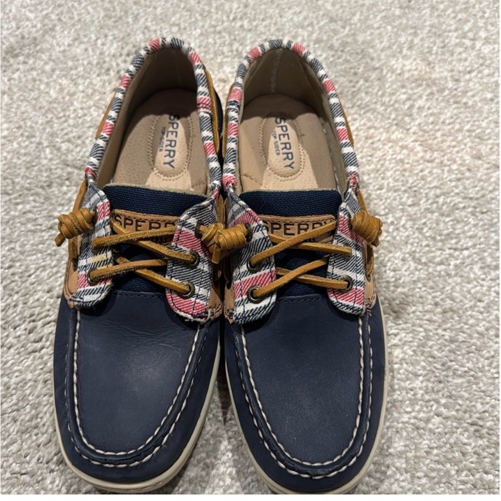 SPERRY Navy Red White Plaid Moccasin Style Loafers Leather EUC Sz 6.5